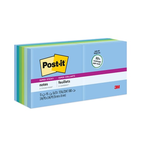 Post-It Note, 3"x3", Super Sticky, Ast, PK12 654-12SST